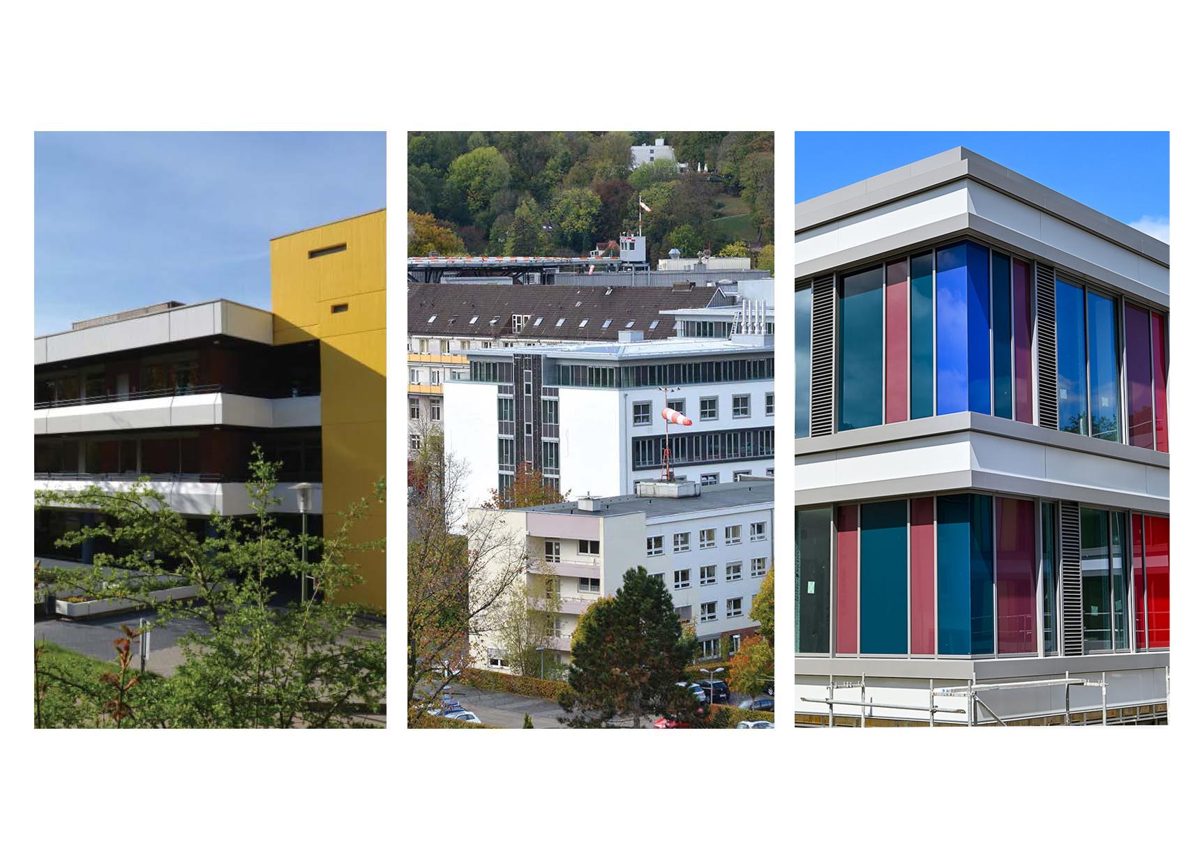 Kollage aus altem Kinderzentrum, Übergangslösung und neuem Kinderzentrum